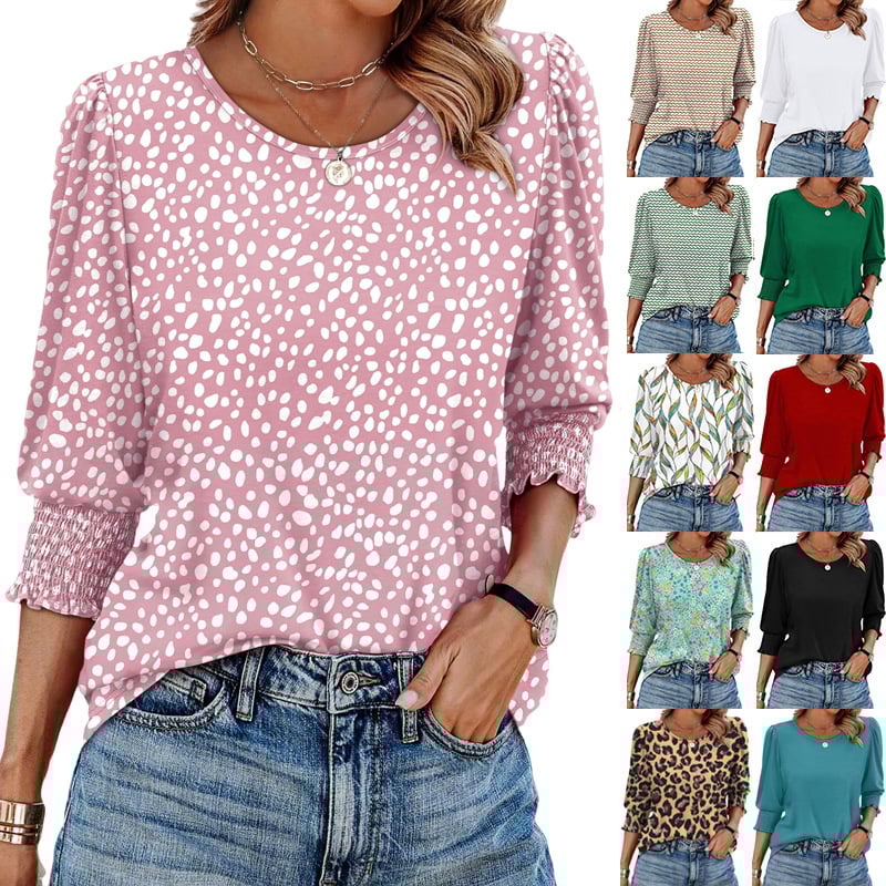 🔥Women Dressy Casual 3/4 Length Sleeve Blouses with Smocked Cuffs