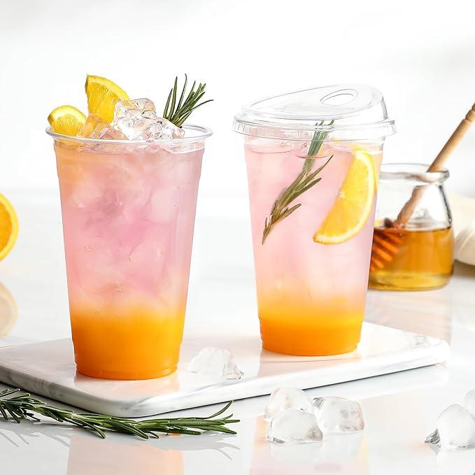 16oz-24oz crystal clear plastic cup, disposable cup with lid, perfect for iced coffee and on-the-go beverages.