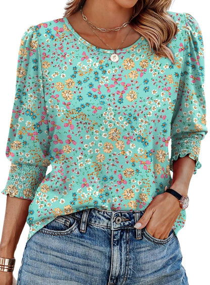🔥Women Dressy Casual 3/4 Length Sleeve Blouses with Smocked Cuffs