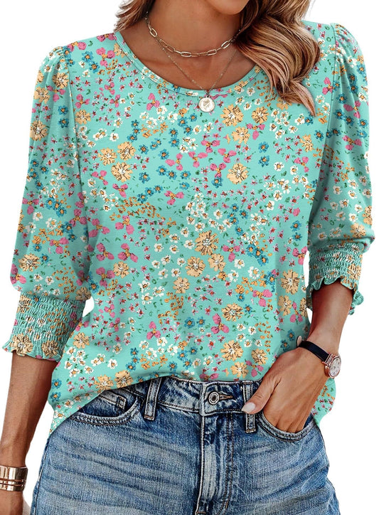 🔥Women Dressy Casual 3/4 Length Sleeve Blouses with Smocked Cuffs