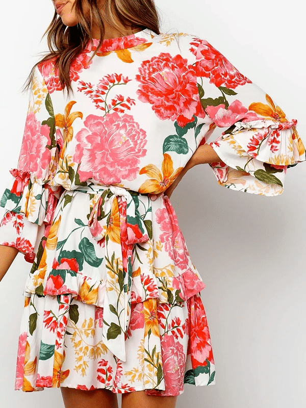 Floral print round collar pleated dress