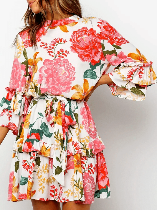 Floral print round collar pleated dress